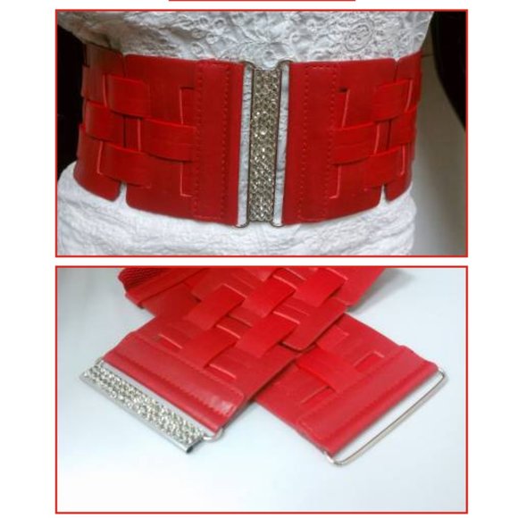 Fashion Horizontally & Vertically Design Red Elastic Waist Belt Size S M - Picture 3 of 3